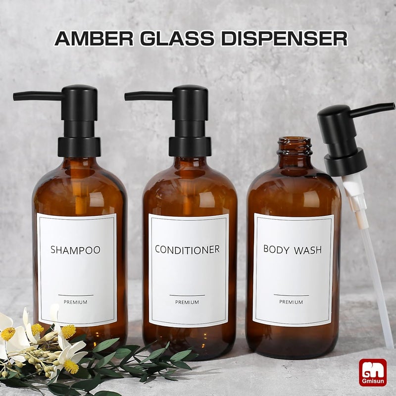 Gmisun Glass Shampoo and Conditioner Dispenser, Shower Soap Dispenser Bottles with Labels, Refillable Shampoo Conditioner Body Wash Dispensers, Amber Glass Soap Pump Dispenser Set for Bathroom Shower - Image 5